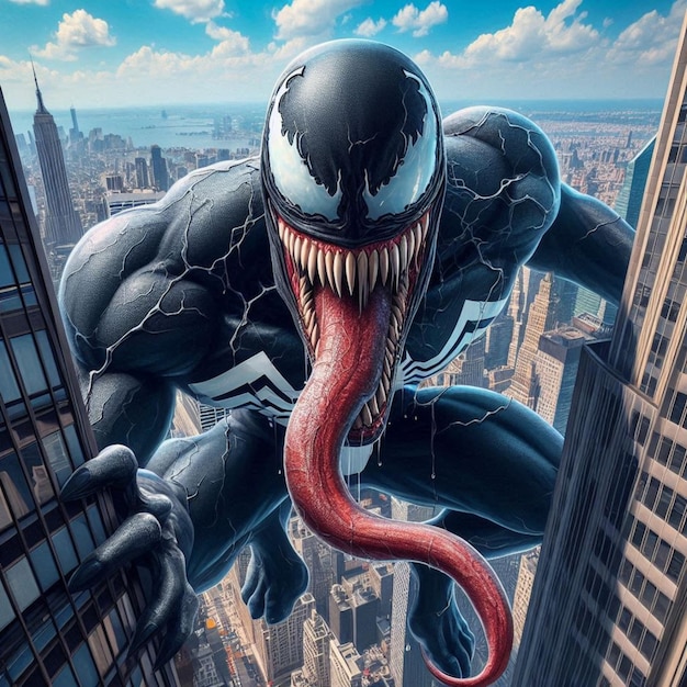 a comic book character is on a skyscraper and has a venom on his head