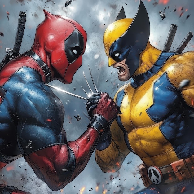 Photo a comic book character and a red cape fight with another man