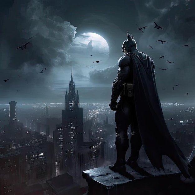 a comic book character stands on a ledge in a city with birds flying above him