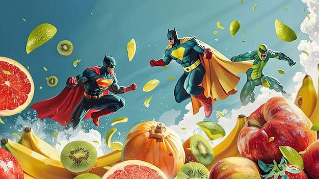 a comic book character and a superhero are flying over some fruit