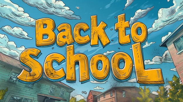 Photo comic book style back to school announcement with suburban homes and clouds