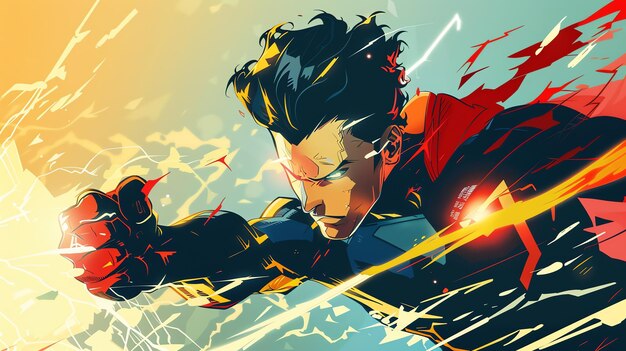 A comic book style illustration of a superhero with black hair in a red and blue costume with a bright yellow and orange background