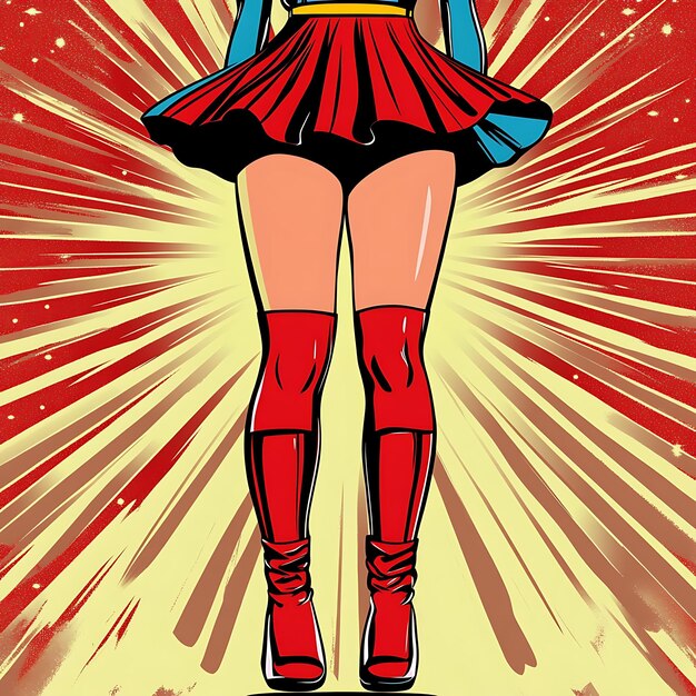 Comic Book Style Illustration of a Womans Legs with Red Boots and a Red Skirt