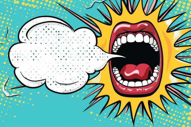 Photo comic book style pop art with open mouth yelling and speech bubble