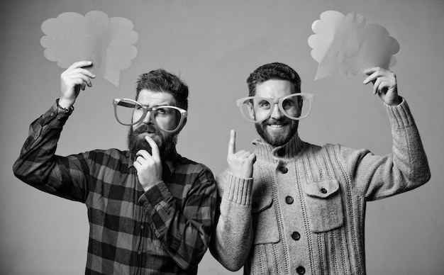 Comic and humor sense Men with beard and mustache mature hipster wear funny eyeglasses Explain humor concept Funny story and humor Comic idea Men joking Share opinion speech bubble copy space