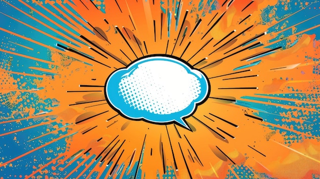 Photo comic speech bubble in orange and blue with halftone texture bursting from a vibrant abstract background