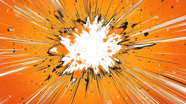 Photo comic style explosion with radiating lines and dynamic orange background