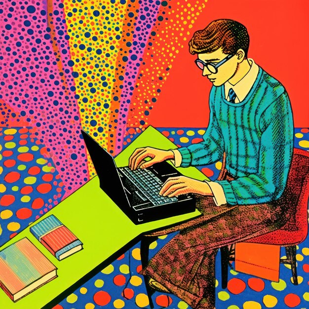 Photo comic of teen man typing on his laptop glasses computer painting