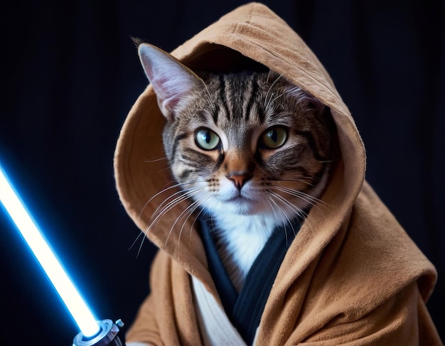 Comical cat in a robe with a light sword adorable background element