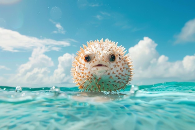 A comical image of a puffer fish puffing up to its generative ai