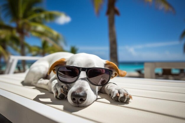 A comical moment of a funny looking dog wearing sunglasses lying on a sun lounger on the beach