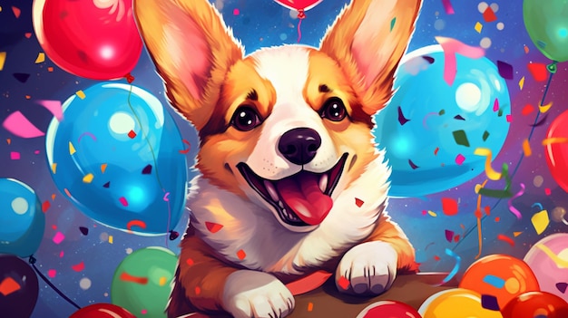 A comical scene of a corgi wearing a party hat surrounded by colorful balloons and confetti ready