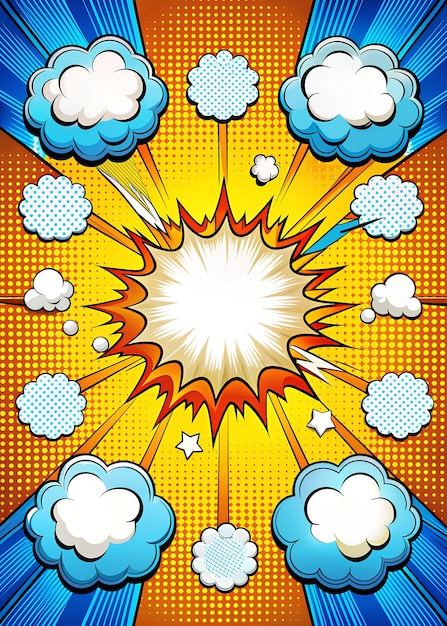 Photo comics magazine explosive template with rays clouds white speech bubbles