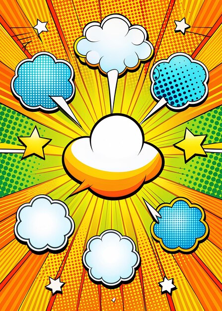 Photo comics magazine explosive template with rays clouds white speech bubbles