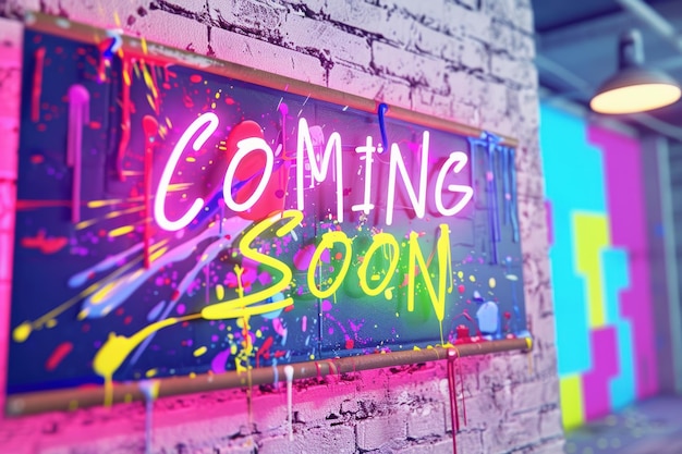 Coming soon neon sign with paint splatter on brick wall announcing new store opening