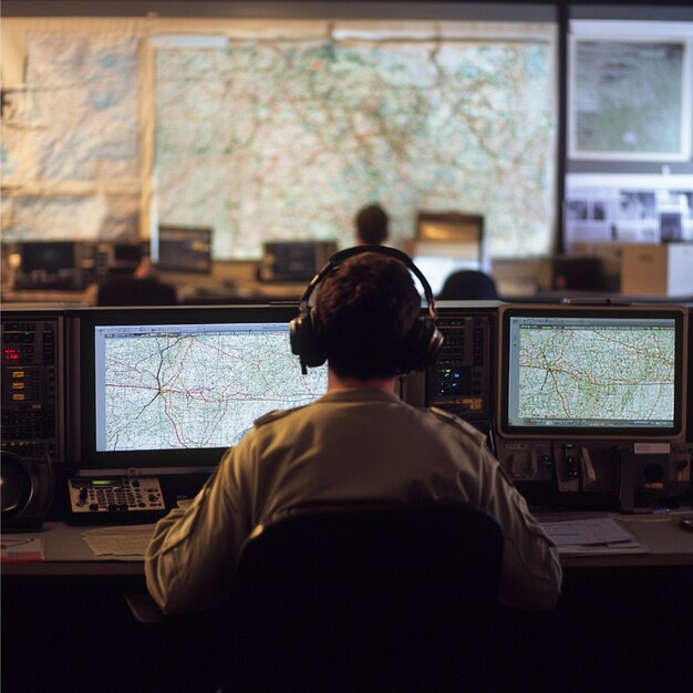 A command center coordinating a largescale search and rescue operation with maps radios and comp