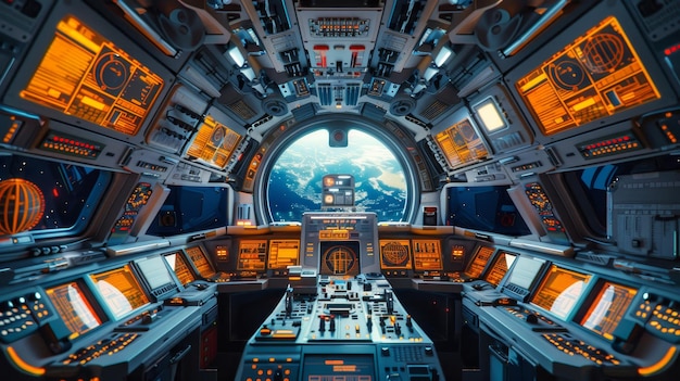 The command center of a futuristic spacecraft offers a panoramic view of Earth surrounded