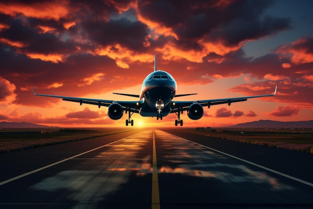 Commercial airliner departing from airport runway at sunset or dawn with landing gear down