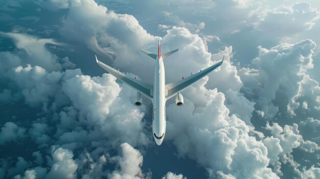 A commercial airliner soaring through a cloudy sky with fluffy white clouds and blue sky in the background