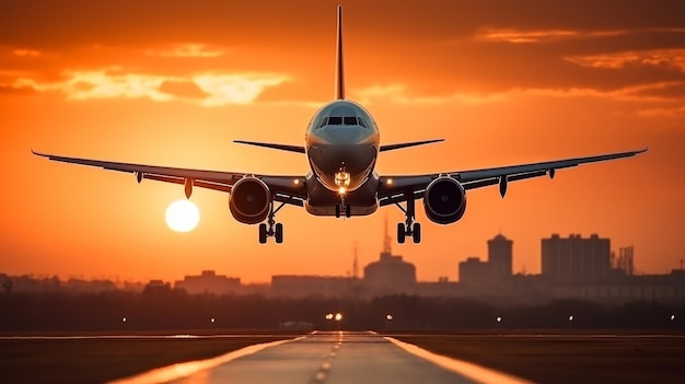 Commercial airliners and cargo planes taking off from airport runway during sunset