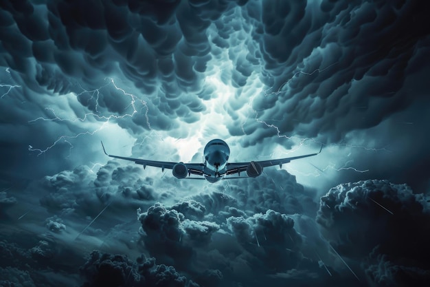 Commercial airplane approaching through a storm with visible lightning and heavy rainfall