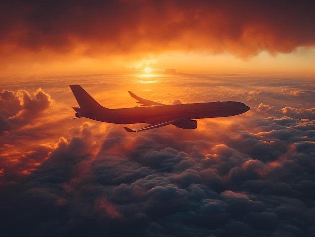 Commercial airplane flying above clouds during a vibrant sunset with golden sunlight illuminating the sky