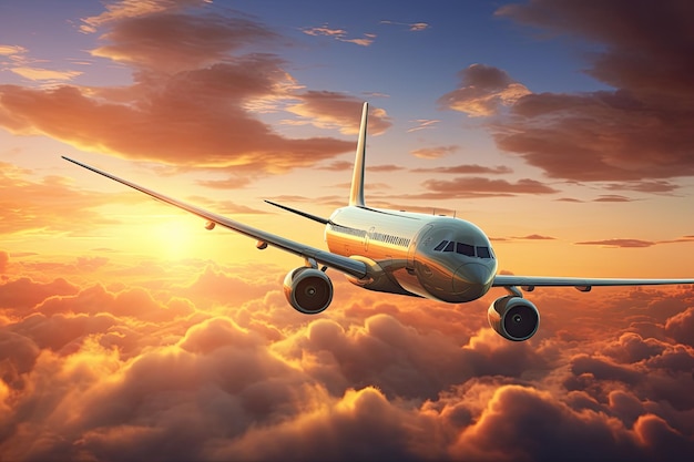 A commercial airplane gracefully soars through the clouds at sunset embodying the idea of swift trav