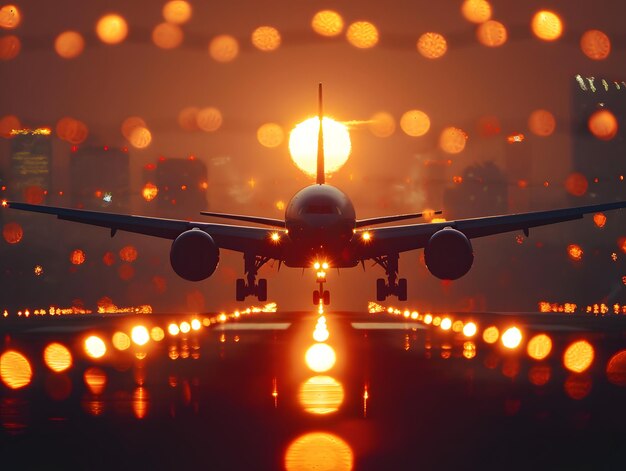 Commercial airplane landing at sunset with glowing lights on runway