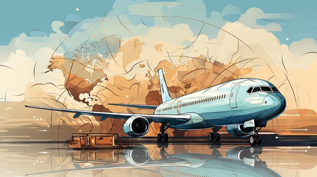 Commercial Airplane Ready for Boarding with World Map in Background in 2D Vector Illustration