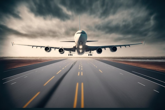 Commercial or cargo airplane taking off from the airport runway