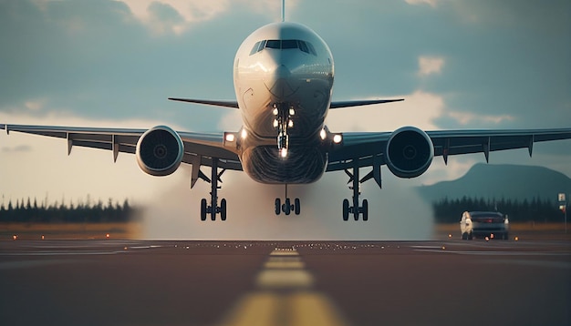 A commercial or cargo jet takes off from the airport runway using Generative AI