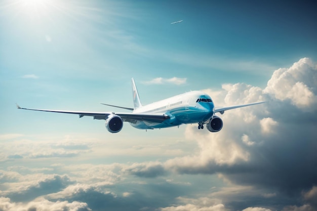 Commercial passenger aircraft with American flag on the tail Blue cloudy sky in the background