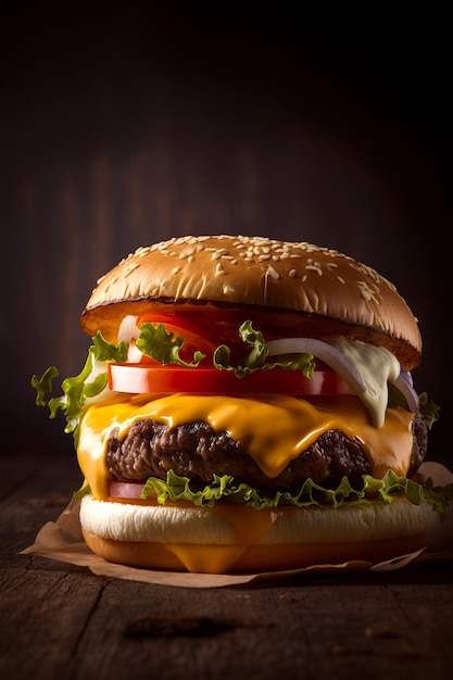 Commercial photo of burger with melted cheese and dark background Studio shot