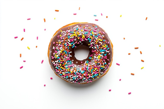 Photo a commercial photo of a chocolate donut topped with colorful sprinkles