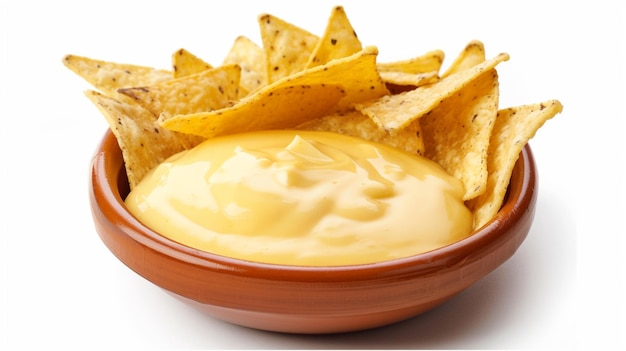 Commercial photo of corn chips with delicious cheese sauce