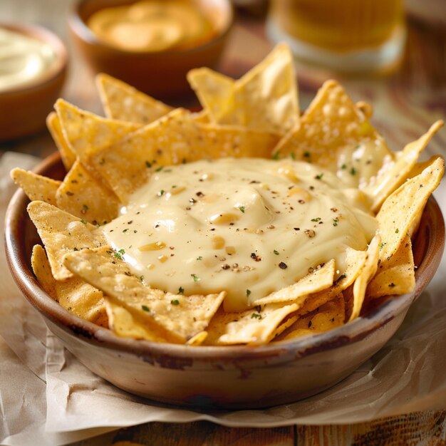 Photo commercial photo of corn chips with delicious cheese sauce