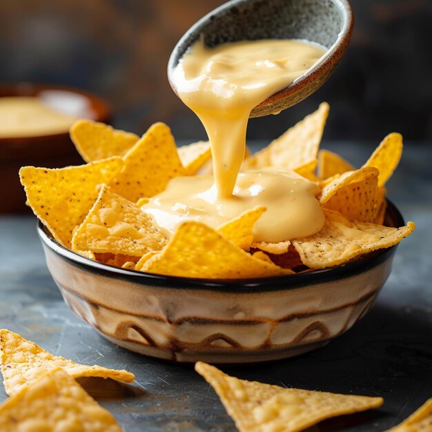 Photo commercial photo of corn chips with delicious cheese sauce