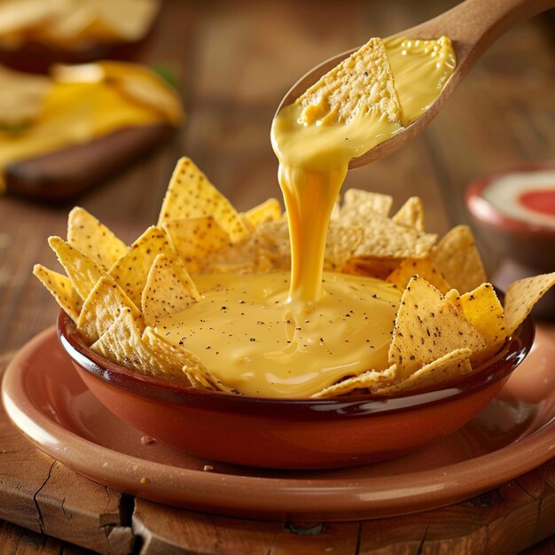 Photo commercial photo of corn chips with delicious cheese sauce