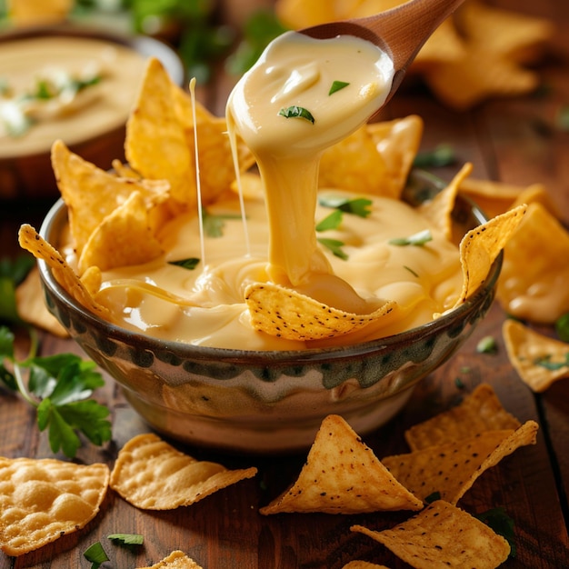 Photo commercial photo of corn chips with delicious cheese sauce