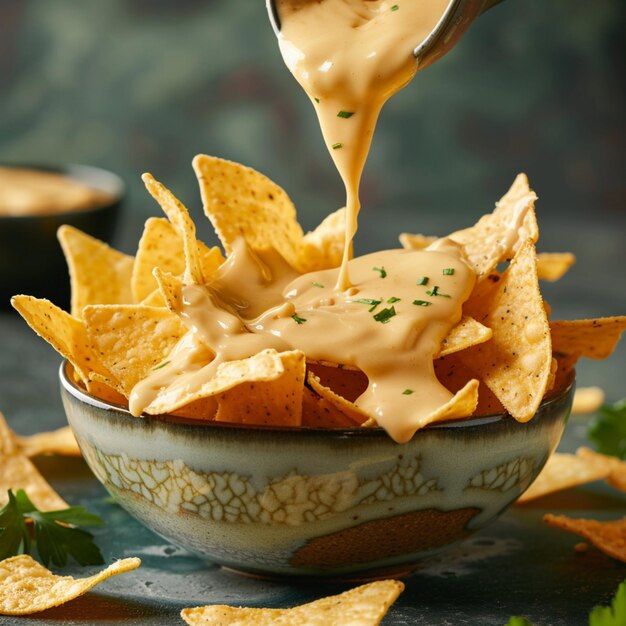 Photo commercial photo of corn chips with delicious cheese sauce