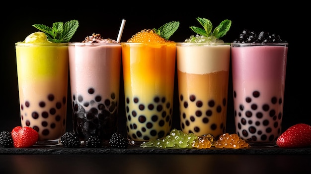 Photo a commercial photo featuring boba tea in various flavors set against a black background