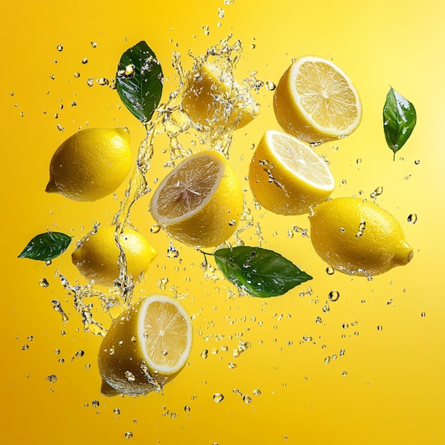 Commercial photo of lemons with water splashes highlighting their freshness and juiciness