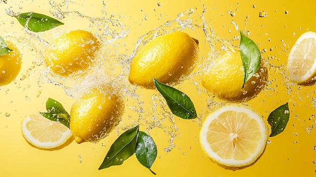 Commercial photo of lemons with water splashes highlighting their freshness and juiciness