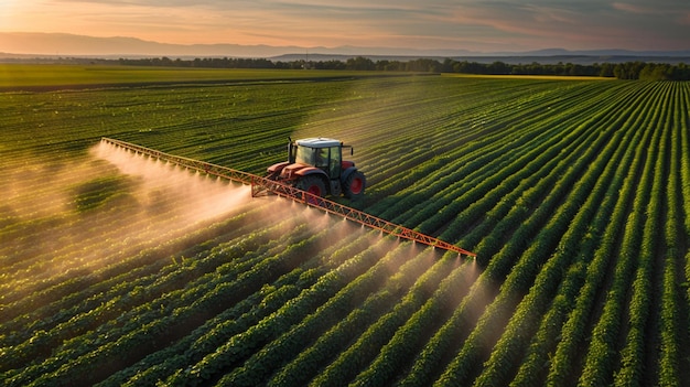 Commercial photo of a tractor spraying pesticides in a crop field