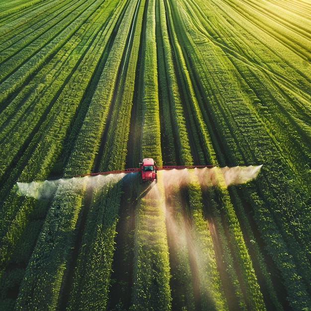 Photo commercial photo of a tractor spraying pesticides in a crop field