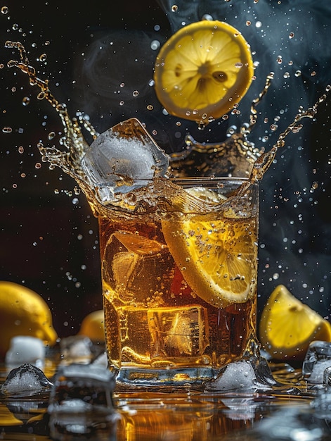 a commercial photography of a glass of ice lemon tea with ice cubes and splashes