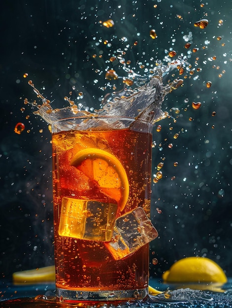 a commercial photography of a glass of ice lemon tea with ice cubes and splashes