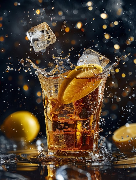 a commercial photography of a glass of ice lemon tea with ice cubes and splashes