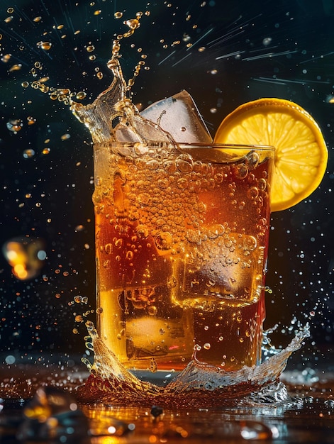 a commercial photography of a glass of ice lemon tea with ice cubes and splashes