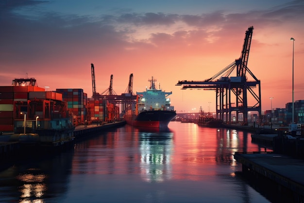 A commercial port at dawn